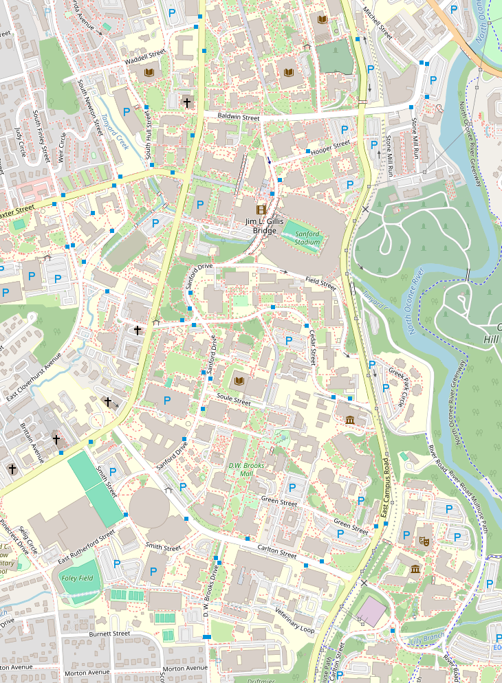 Map of the four course locations on the UGA campus