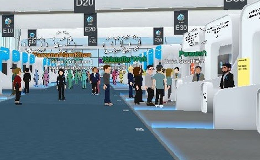 Crowd of avatars in the poster hall of the IEEE VR virtual conference